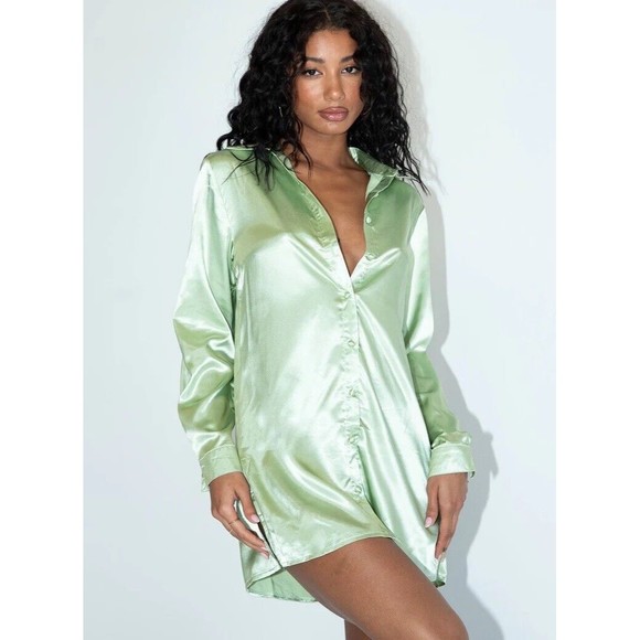 Princess Poly Satin Shirt Mini Dress In Sage Size 0 NWT - Picture 4 of 10
